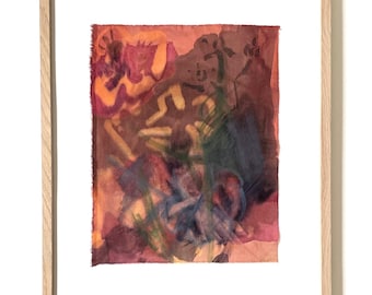 Botanical Dye Painting on Silk: Abstract Floral Textile Artwork, Framed 16x20 ("Garden Rain 8")