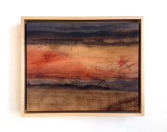 Botanical Dye Painting on Silk: Abstract Landscape Textile Artwork, Framed 8x10 ("Dark Horizon 2")