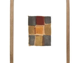Botanical Dye Painting on Silk: Abstract Squares Textile Artwork, Framed 11x14 ("Compost Patchwork 1")