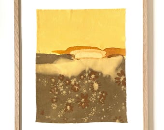 Botanical Dye Painting on Silk: Abstract Landscape Textile Artwork, Framed 16x20 ("Garden Rain 13")