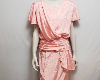 Vintage 80s Peachy Pink Satin Dress Aztec Ruffles Side Drop Sash Ruched Formal Prom Size 6