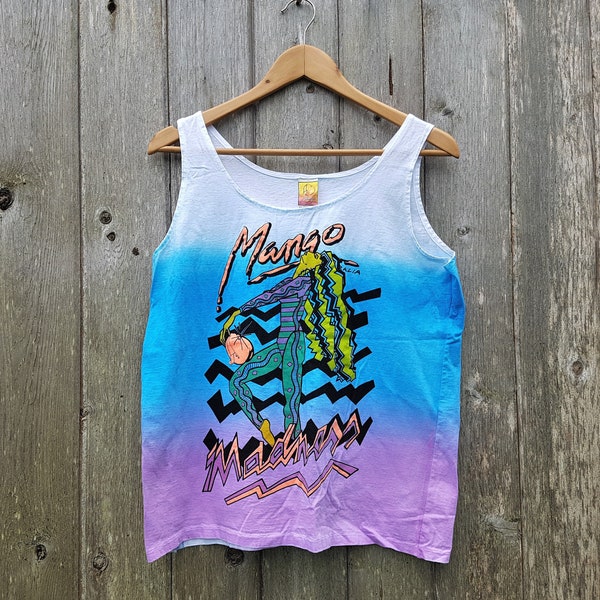 Vintage 80s MANGO MADNESS Australia Retro Surfer Tank Top Size M - Austalian Made Muscle Beach Surfing Neon Print Rare Surf Top