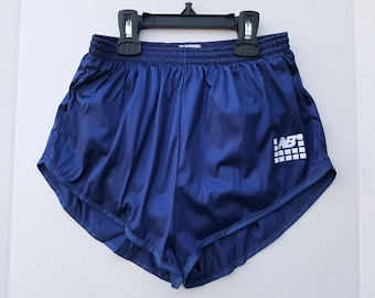 Vintage 80s NEW BALANCE Shiny Navy Satin Running Gym Shorts Deadstock Size X-Small Made in Canada / Lined Cotton Brief / Velvet Logo Unisex