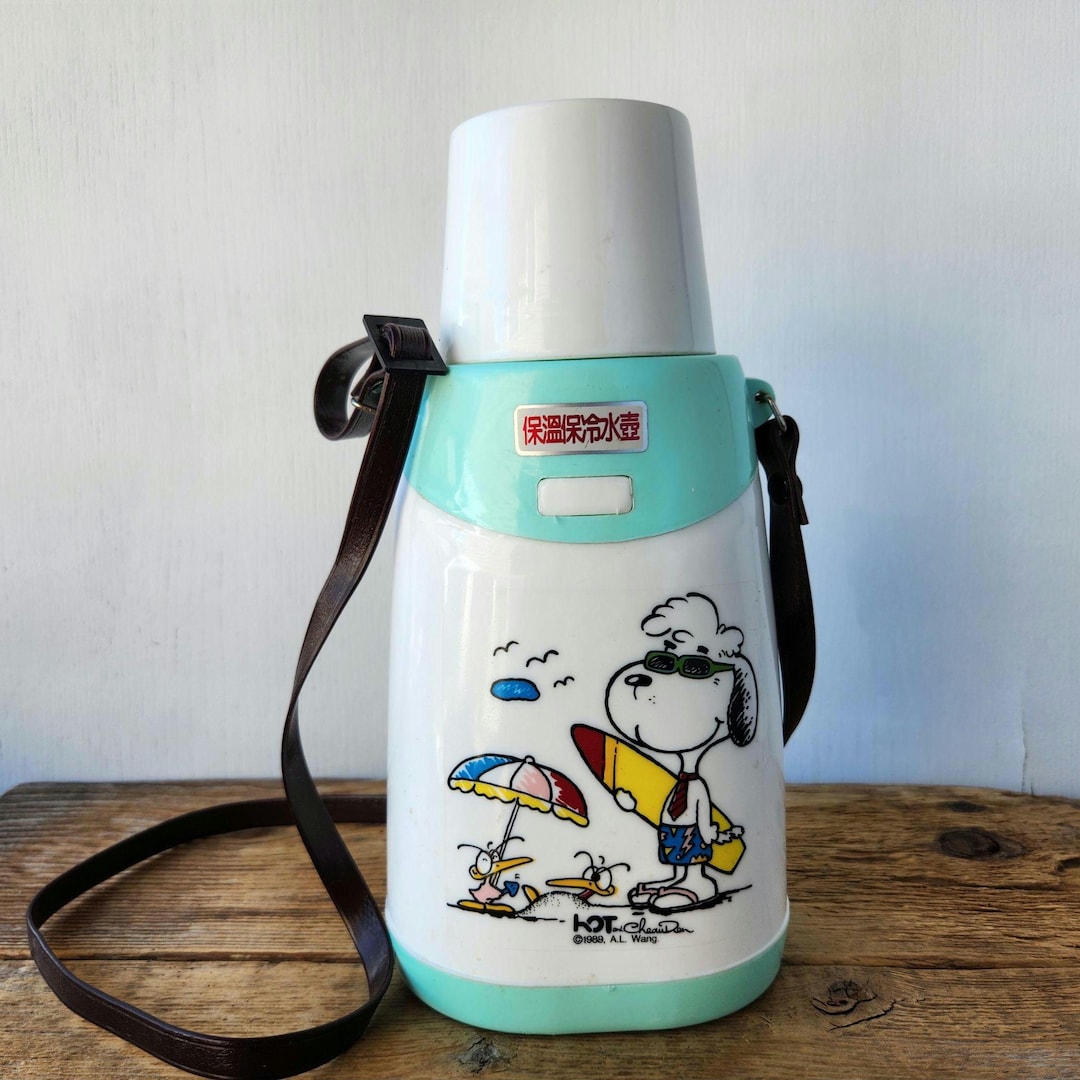 Vintage 80s Peanuts Snoopy THERMOS / Brown Strap - Drink