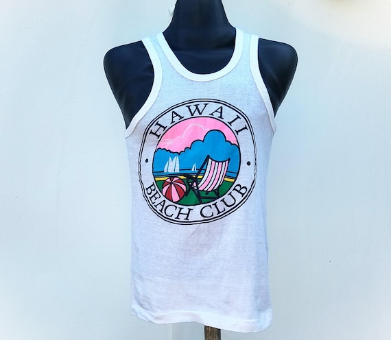 Vintage 1980s HAWAII BEACH CLUB White Retro Muscle Tank Top Unisex 