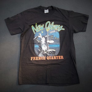 Vintage 90s NEW ORLEANS French Quarter T-Shirt Made in USA Bourbon Street Drunk Man Top Hat Graphic Print Mardi Gras Tee Shirt Size L Hanes image 6