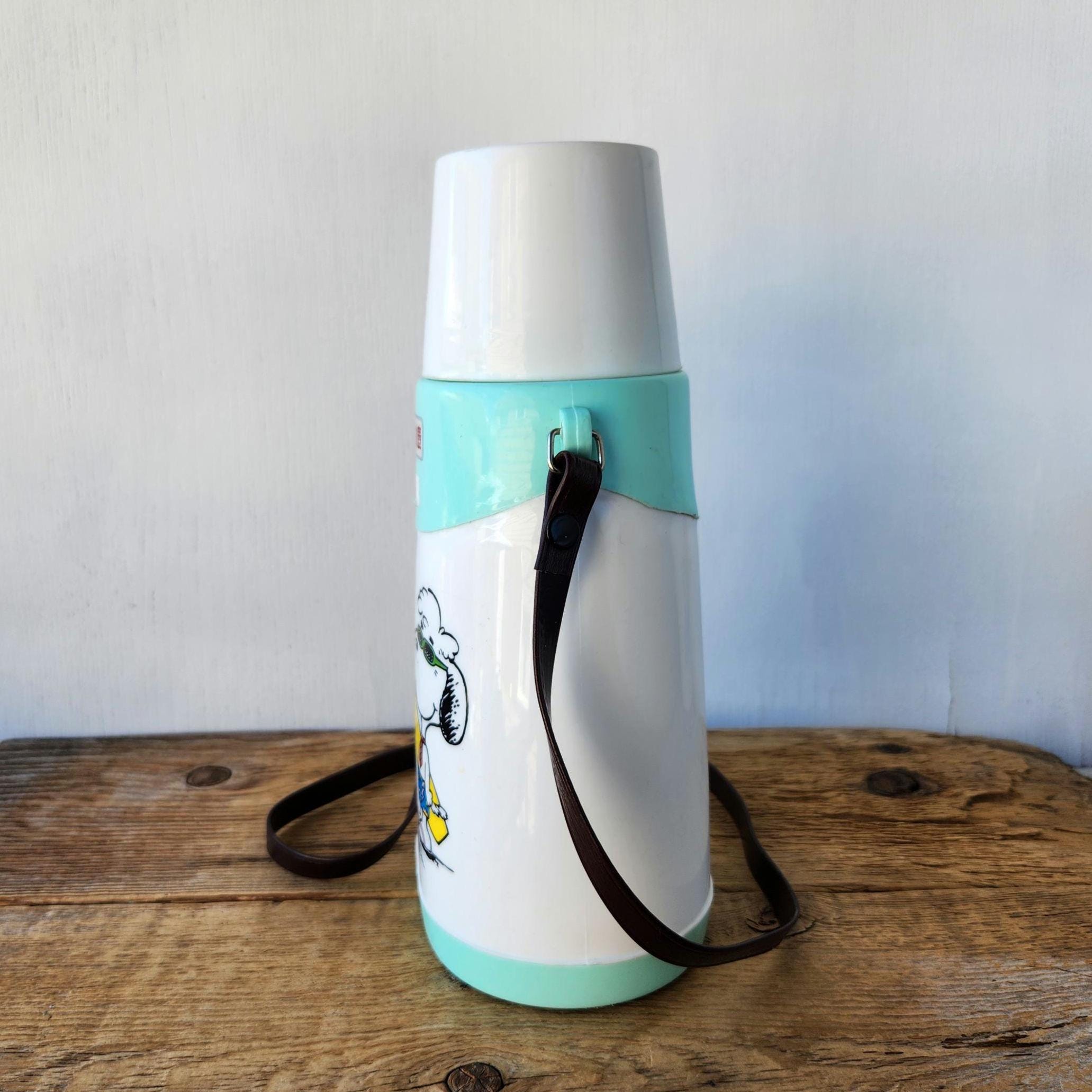 Vintage 80s Peanuts Snoopy THERMOS / Brown Strap - Drink Container