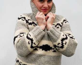 Vintage KANATA Hand Knit Chunky Cowichan Inspired Sweater Jacket