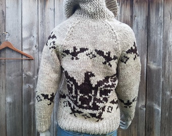 Vintage 80s Cowichan Indian Sweater Chunky Raw Wool Jacket - Heavy Handknit Pacific Northwest Thunderbird Design Aboriginal Native Westcoast Vintage 80s Cowichan Indian Sweater Chunky Raw Wool Jacket - Heavy Handknit Pacific Northwest Thunderbird Design Aboriginal Native Westcoast