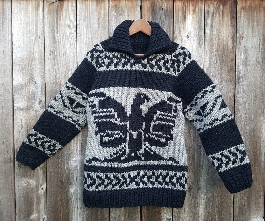 Vintage 80s Cowichan Indian Sweater Pullover Thunderbird Design Heavy  Handknit Black Raw Wool Coastal Pacific NW Aboriginal Native BC Sz L  Hong