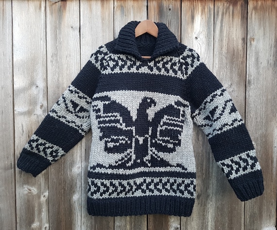 Vintage 80s Cowichan Indian Sweater Pullover Thunderbird Design