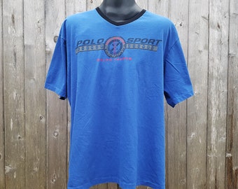 Vintage 90s POLO SPORT Ralph Lauren Dive Service T-shirt X-Large Blue & Black Cotton Tee - Nautical Compass Single Stitch Shirt