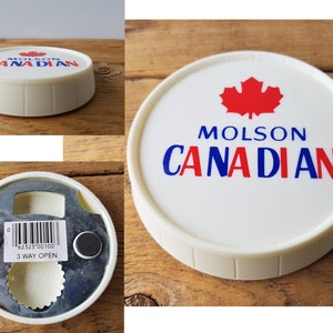 Vintage 80s MOLSON CANADIAN BEER 3 Way Bottle Opener Round Magnetic Twist Cap Retro 1984 Advertising Promo Pacific Star Products Inc Canada