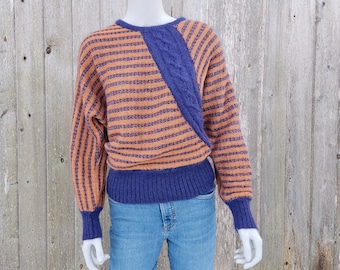 Suéter vintage de mohair Super Kid de los años 70 con rayas en tonos naranja y morado apagados, trenza de cable, talla 44 L, manga murciélago, lana de alpaca, Italia, lujo