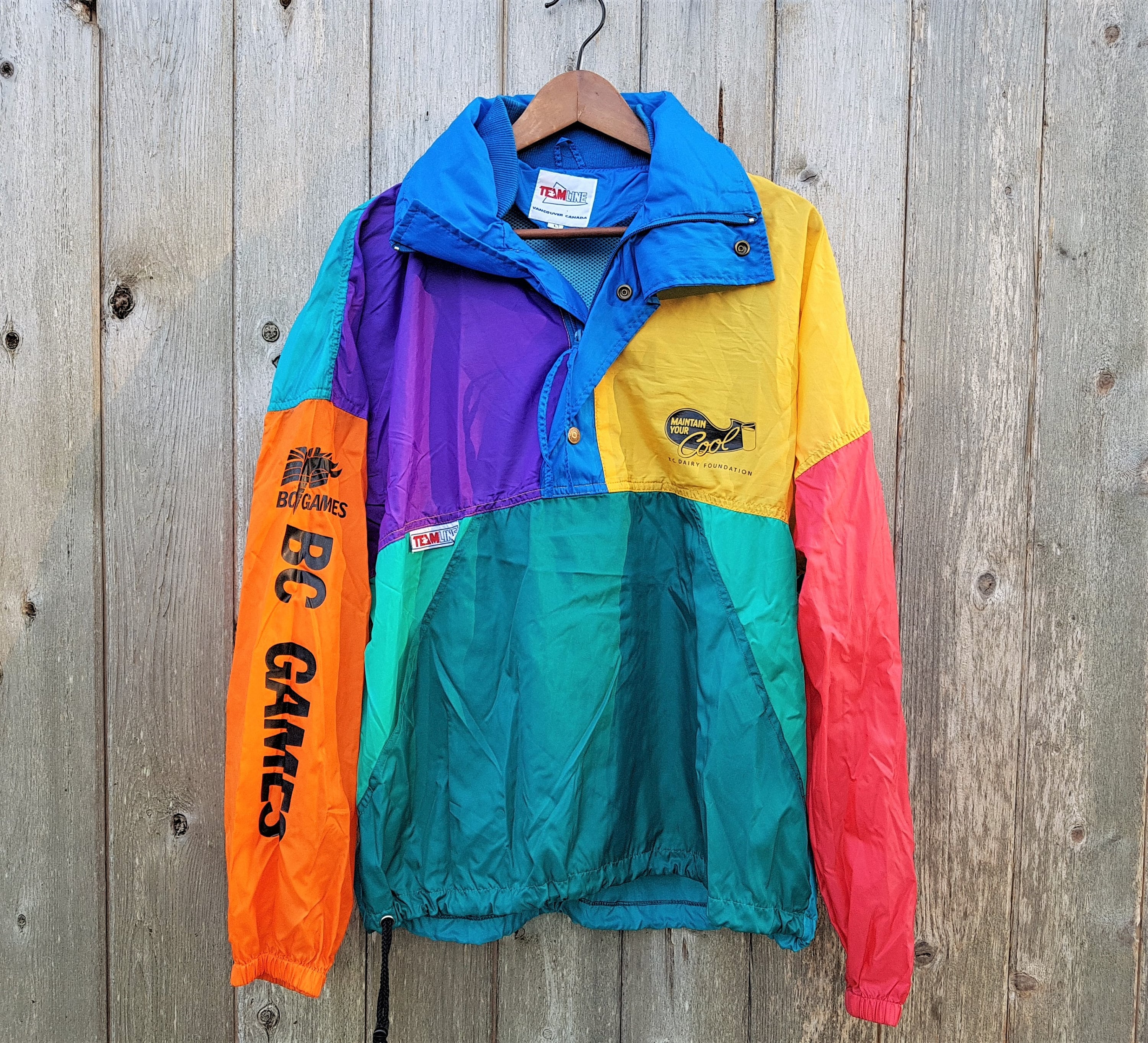 Vintage Rare BC Games Sports Event Colorblock Windbreaker Jacket / Maintain Your Cool BC Dairy Foundation / Retro Rainbow Pullover Size L