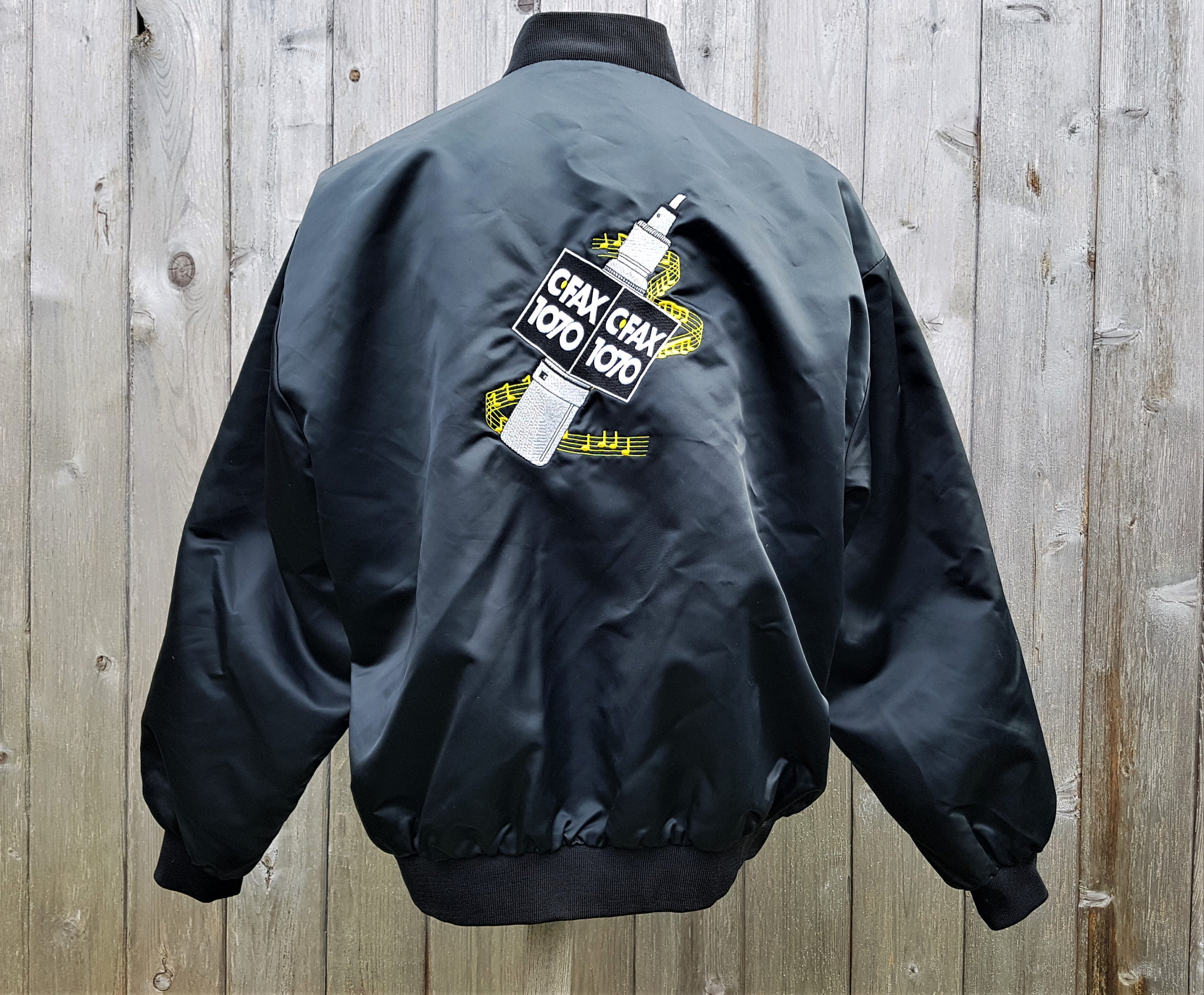 Vintage 1980s Shiny Black Satin Jacket CFAX 1070 AM Radio Vintage 1980s Shiny Black Satin Jacket CFAX 1070 AM Radio