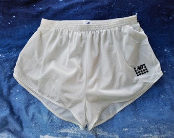 Vintage 80s NEW BALANCE Men's XL Silver Sheer Nylon Running Gym Shorts Deadstock Made in Canada X-Large / Lined Brief / Velvet Logo Unisex