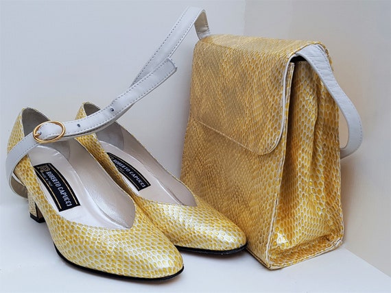 gold shoes and handbag
