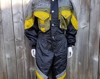 Vintage PHENIX SPORTS One Piece Ski Suit Snowsuit Size M - Unisex Retro Color block Gray Olive & Black Skiing Mountain Wear - Made in Japan