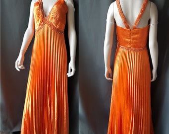 Retro 1980s Prom Dress Orange Pleated Long  - Formal by SPARKLE 30" C - DD waist 28" sz -  Small 4-6 - Fall Event wardrobe