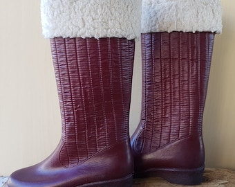 Vintage 70s Winter "SANTA" Boots SNOWBELLES by Kaufman - Waterproof - Deep Red Brown - Sherpa Lined -  Sz 7 - Canada - Crinkle seams