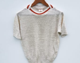 Suéter vintage Banff hecho en Canadá - Jersey de punto color crema de los años 70 y 80 - Top retro texturizado de manga corta - Prendas de punto casuales estilo mod