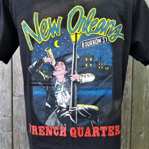 Vintage 90s NEW ORLEANS French Quarter T-Shirt Made in USA Bourbon Street Drunk Man Top Hat Graphic Print Mardi Gras Tee Shirt Size L Hanes image 4