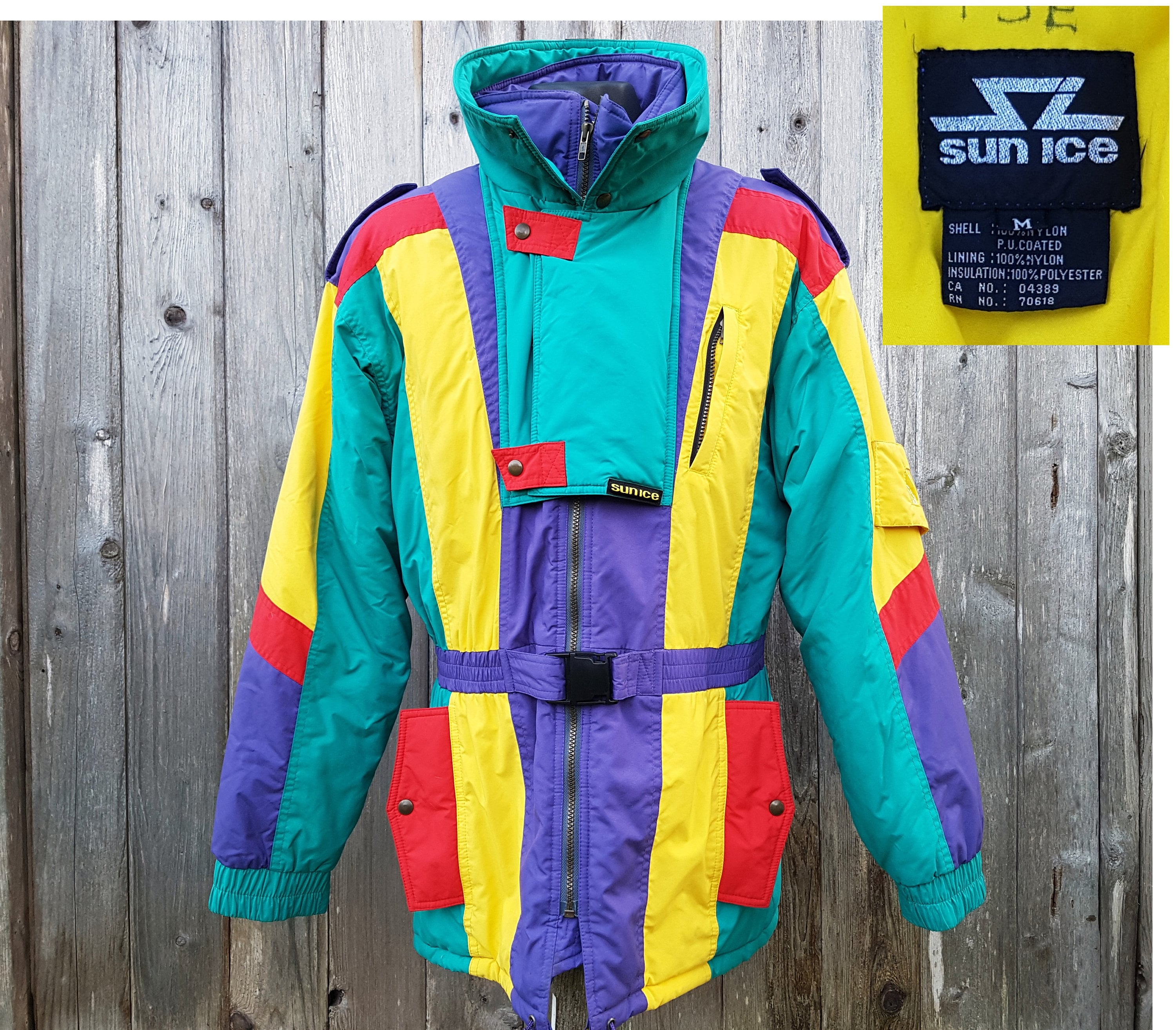 Vintage 80s SUN ICE Ski Coat Color Block Yellow Green Red Purple Puffy Full Zip Winter 3 4 Length Jacket Size M 1980s Retro Wear
