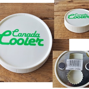 Enfriador de vino vintage de Canadá de los años 80, abridor de botellas de 3 vías, tapa magnética redonda, enfriador de vino retro de 1984, promoción publicitaria de Pacific Star Products Inc.