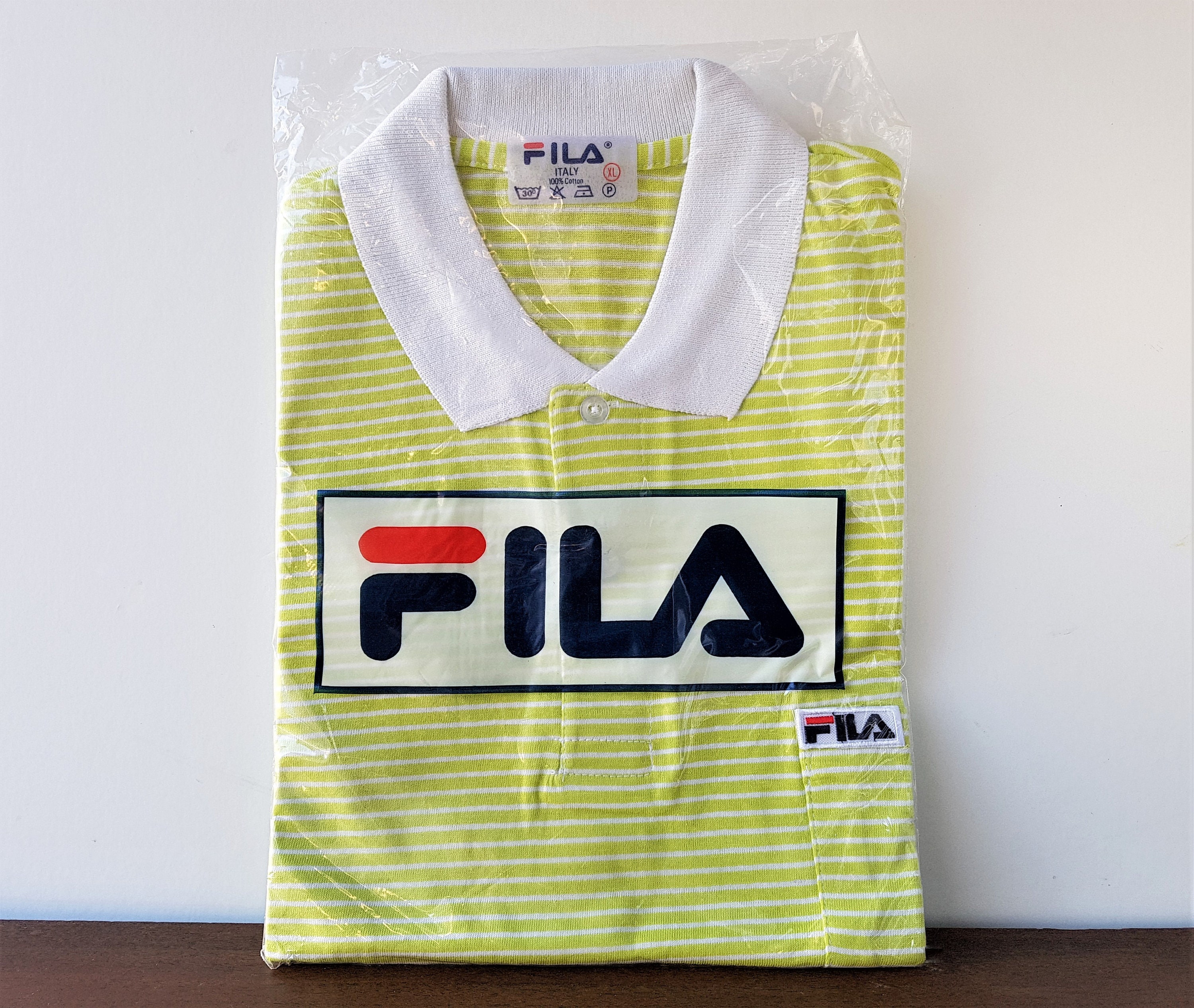 Vintage 80s FILA ITALY Lime Green Stripe Cotton Deadstock Polo