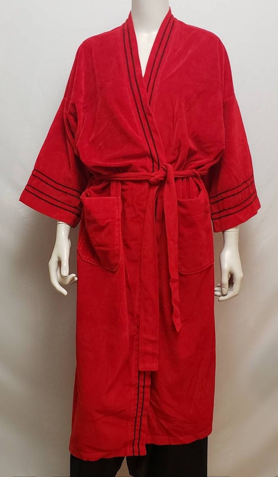 Vintage 60s Men's Robe - Bright Red Velvet with Bl