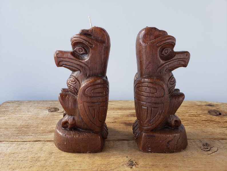 A Rare Pair of Vintage 1970s Totem Pole Wax Candles Handcarved Aboriginal First Nations Pacific Northwest 1975 Vancouver BC Collectibles 6