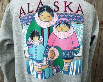 Vintage 80s ALASKA STAR PRiNCESS Heather Gray Sweatshirt - Made in USA by Ultra Sweats - Alaskan Souvenir Indigenous Inuit Peoples Graphic