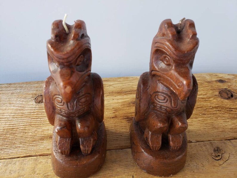 A Rare Pair of Vintage 1970s Totem Pole Wax Candles Handcarved Aboriginal First Nations Pacific Northwest 1975 Vancouver BC Collectibles 6