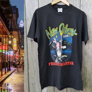 Vintage 90s NEW ORLEANS French Quarter T-Shirt Made in USA Bourbon Street Drunk Man Top Hat Graphic Print Mardi Gras Tee Shirt Size L Hanes image 1