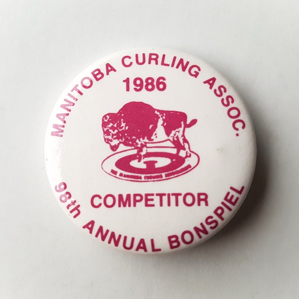 Vintage Manitoba Curling Association 1986 Tournament Competitor Pinback Button - 98th Annual Bonspiel Pin - Made by Canadian Rubber Stamp