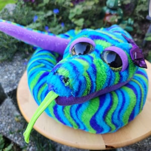 Vintage LARGE SNAKE Plush -Over 4 feet! Blue Purple Green with wavy stripes & Glitter Eyes by Wild Republic - purple bow sleepy eyes 58.5&quot;