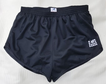 Vintage 80s NEW BALANCE Men's XL Black Nylon Running Gym Shorts Sheer Deadstock X-Large Made in Canada / Lined Brief / Velvet Logo Unisex