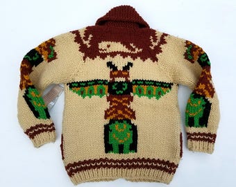トップス Kanata Wool Cowichan Sweater VTG 70s 80s Kanata Gray Cream Deer Wool Full Zip Heavy