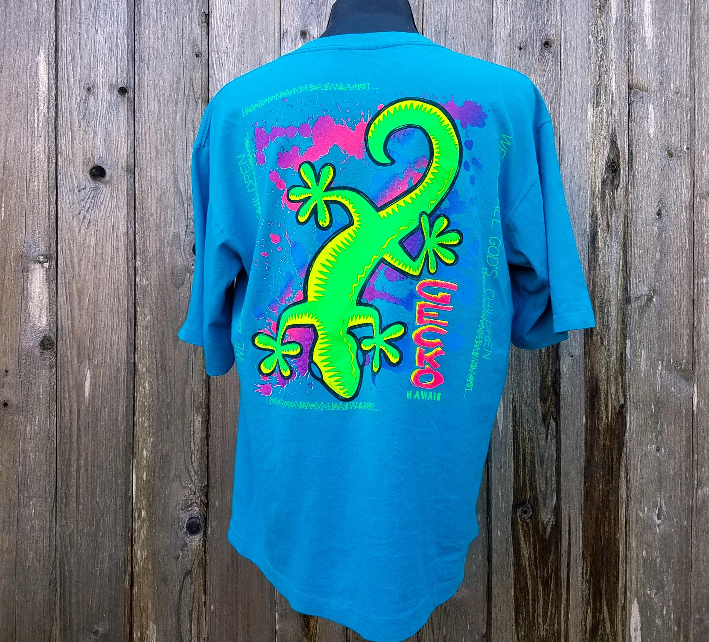 Vintage 90s GECKO HAWAII T-shirt Neon Lizard Retro Tee Size XL 