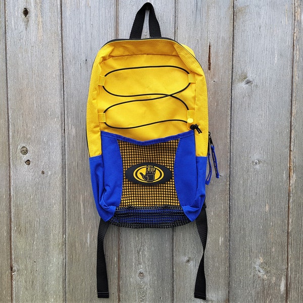 Vintage BODY GLOVE Beach Poolside Mesh Drain Bottom Backpack - Swimming Scuba Zipper Lifeguard Sport Bag - Blue & Yellow Knapsack