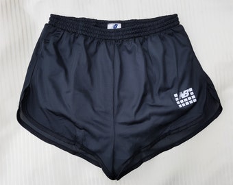 Vintage 80s NEW BALANCE Women&#39;s M Black Nylon Running Gym Shorts Sheer Deadstock Medium Made in Canada / Lined Brief / Velvet Logo Unisex