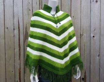 Authentic Alpaca Poncho Handknit Peruvian Vintage Green and White stripes with fringe and ties - Spring Green Shawl - Striped