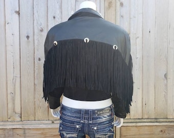 Vintage 80s Fringed Black Leather Suede Western Rocker Jacket with Silver Star grommets by Scully Sz 6 - fits like a Sz 8