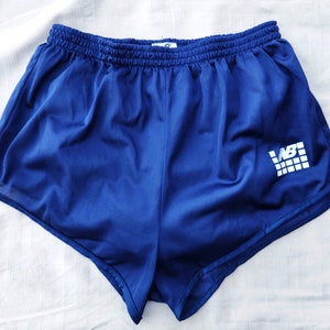 Vintage 80s NEW BALANCE Shiny Navy Satin Running Gym Shorts Deadstock Sz Mens Small Made in Canada / Lined Cotton Brief / Velvet Logo Unisex