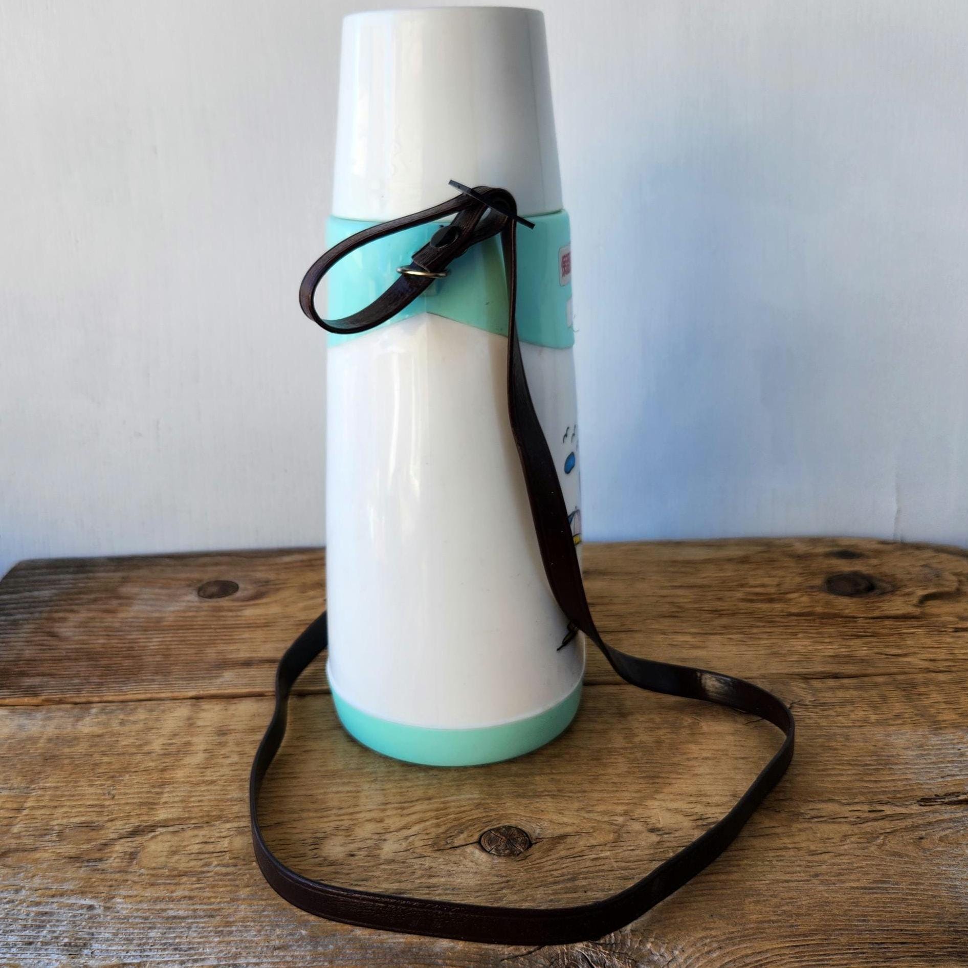 Vintage 80s Peanuts Snoopy THERMOS / Brown Strap - Drink Container