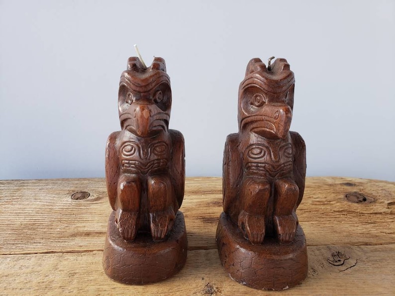 A Rare Pair of Vintage 1970s Totem Pole Wax Candles Handcarved Aboriginal First Nations Pacific Northwest 1975 Vancouver BC Collectibles 6