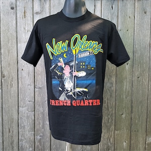 Vintage 90s NEW ORLEANS French Quarter T-Shirt Made in USA Bourbon Street Drunk Man Top Hat Graphic Print Mardi Gras Tee Shirt Size L Hanes image 3