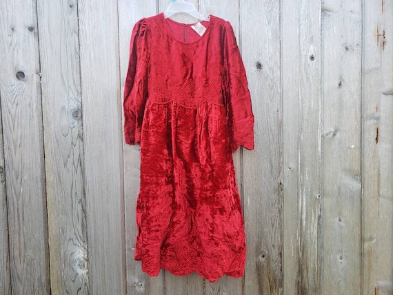 Vintage 90s Red Dress - Crushed Velvet - Girls Ch… - image 2