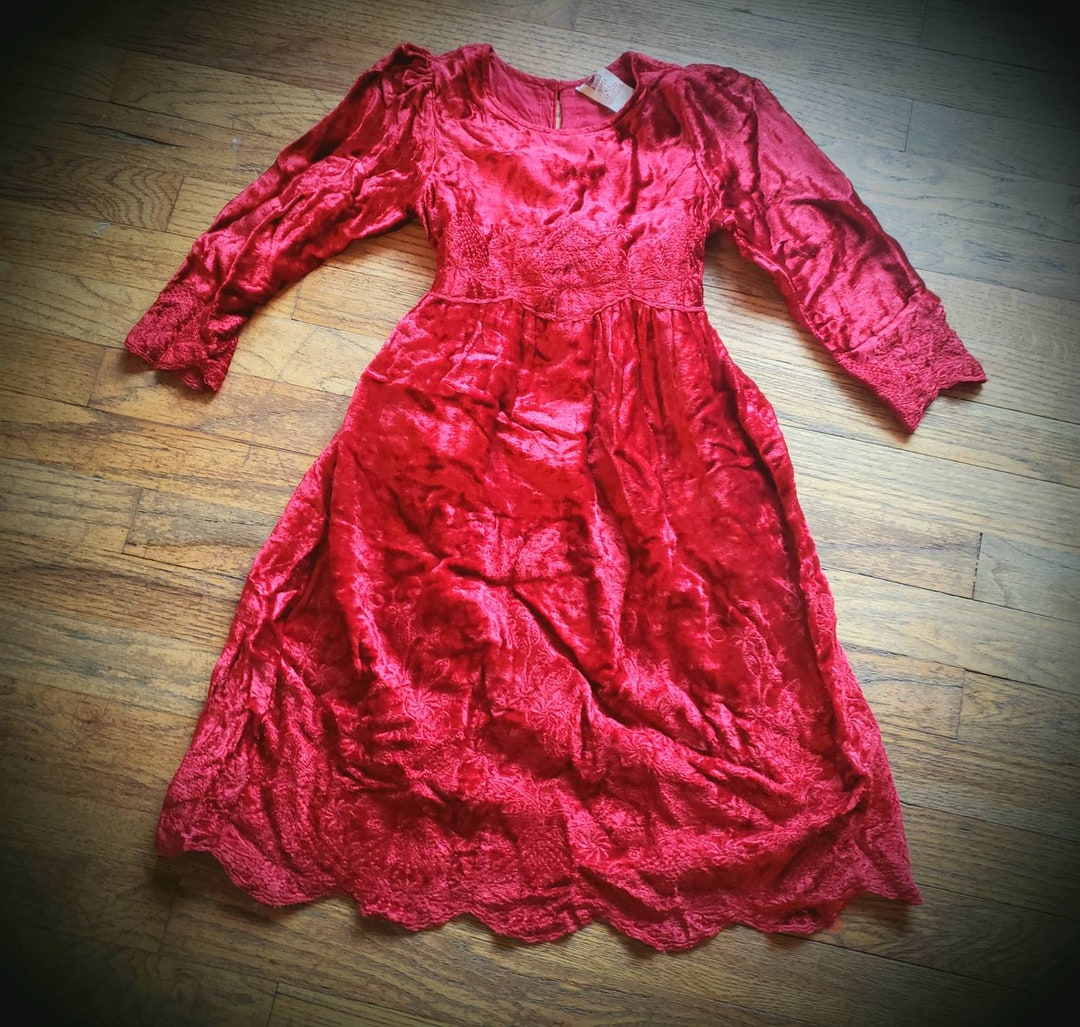 Buy Vintage 90s Red Dress Crushed Velvet Girls Christmas Outfit Sz  Sz by April Cornell Embroidered Comfortable and Beautiful! Online 